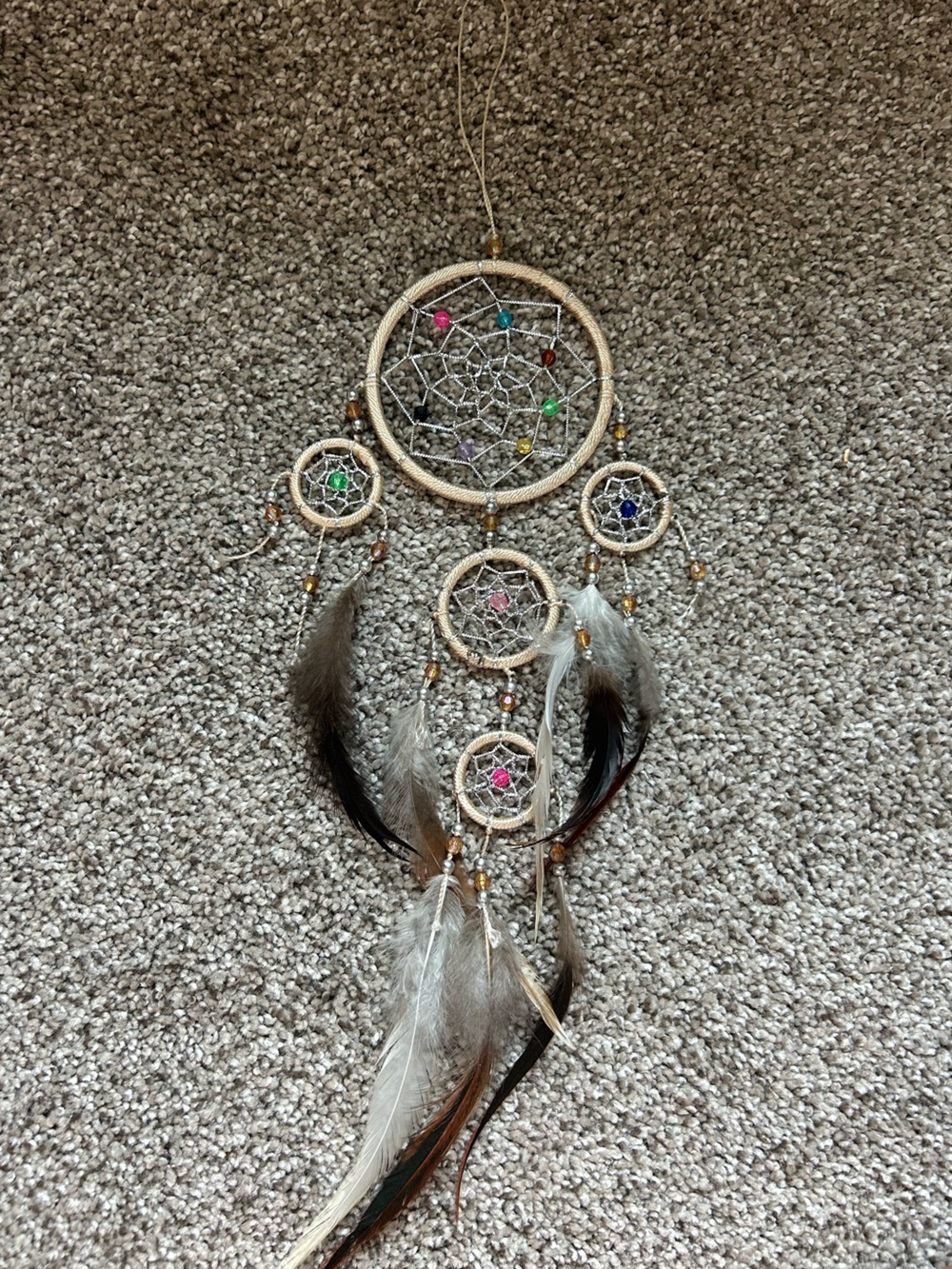 Beige Boho Dreamcatcher Wall Hanging with Multicolor Beads